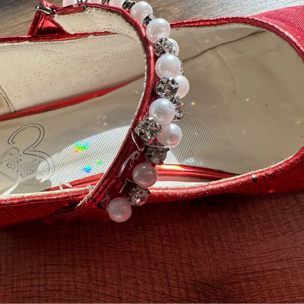 Stelle Girls Red Sparkle Princess Holiday Dorothy Ruby Slippers Pearls Size 1